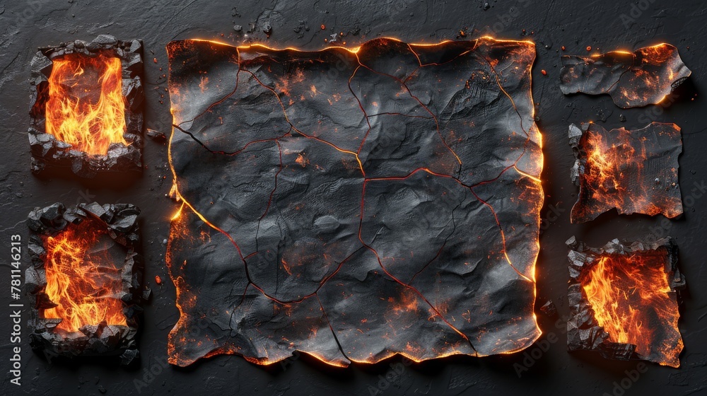 Poster a modern realistic set of borders and frames made from scorched and smoldering paper sheets with whi