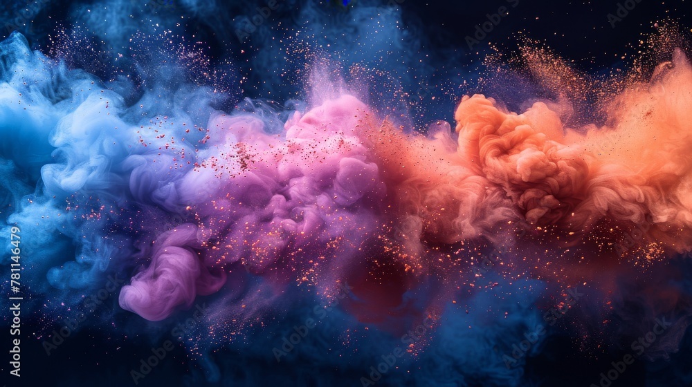 Poster isolated on transparent background, colorful powder explosion with circle banner. splash of paint du
