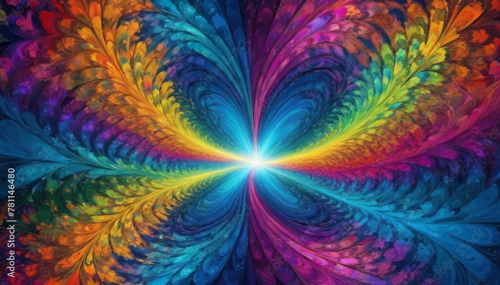 Poster a stunning visual of a fractal explosion with radiant beams of light emanating from a central, vibra