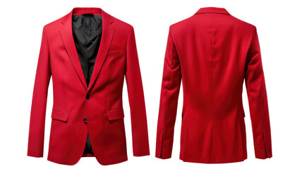 Red suit jacket, virgin wool, front and back view, mockup, transparent or isolated on white background