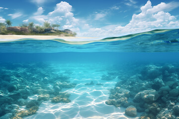 Underwater sea, beach and sky in the background.
