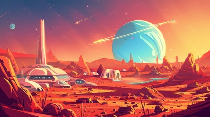 Astronaut base on Mars surface. Modern cartoon illustration of a space station in an alien galaxy, colonizing the cosmos with astronauts.