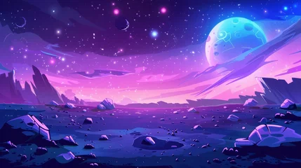 Foto op Plexiglas An alien planet with craters and lighted cracks on a purple galaxy background. An illustration of a purple galaxy sky with a moon, a ground surface with rocks, and a purple galaxy sky. © Mark