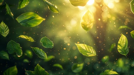 Fototapeta na wymiar Flying green leaves in a 3D illustration with mild sunbeams
