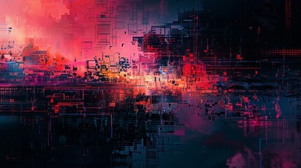 Digital glitch art with vibrant abstract cityscape