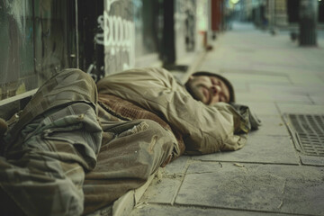 A homeless person sleeping on a street