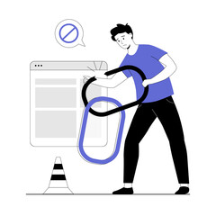 Broken link. Concept of temporary communication problems and online compound. Link to empty non existent page. Vector illustration with line people for web design.