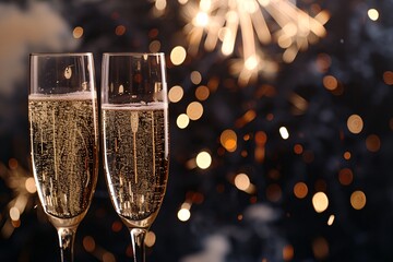 two champagne glasses with sparklers in the background - obrazy, fototapety, plakaty