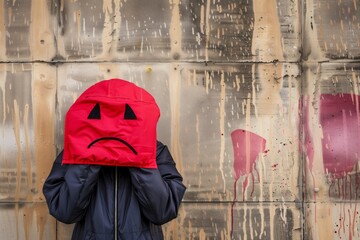 Person in red bag mask against graffiti wall