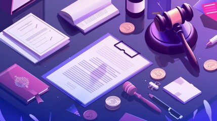 An isometric landing page for 'law and justice'. Gavels, constitution books, documents with stamps, coins and pens are displayed. - obrazy, fototapety, plakaty