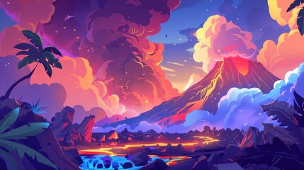 Modern cartoon summer landscape with burning volcano, smoking crater and liquid magma, rocks, river, tropical plants, palm trees, and lava flows. - obrazy, fototapety, plakaty