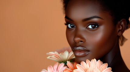 beautiful african woman with gerberas on a bright background