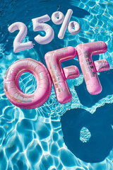 Summer sale 25 percent discount. Overhead view of a swimming pool with inflatable pool floats