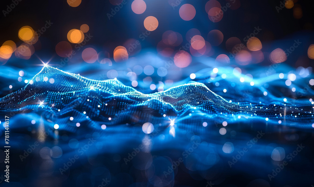 Poster digital data flow and connectivity, futuristic technology network with glowing particles and bokeh l