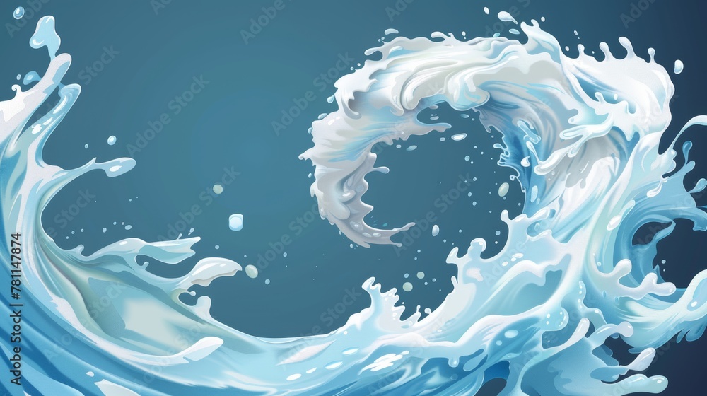 Poster Mock-up of spiral waves of twisted flow of milk with splashes and drops on blue background. Modern realistic mock-up of spiral waves of milk splashing and dropping.