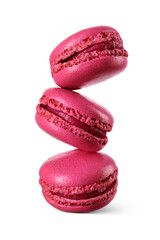 Three red macarons levitating in mid-air isolated. Transparent PNG image.