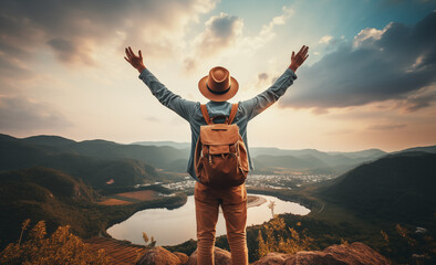 Ecstatic explorer with backpack observed from behind at the mountain summit
