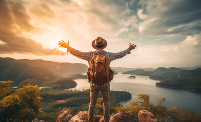 Gleeful mountaineer with backpack on the mountain top seen from behind