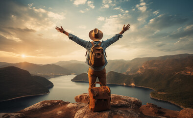 Delighted trekker with backpack overlooking the mountain peak