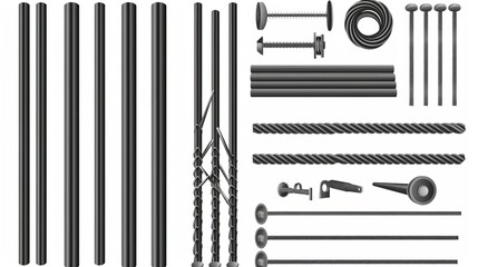 Modern realistic set of construction armature, smooth and deformed iron bars for building, cage, rack or prison grate. Stainless fittings isolated on white. - obrazy, fototapety, plakaty