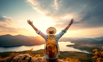 Joyful hiker with backpack seen from behind atop the mountain