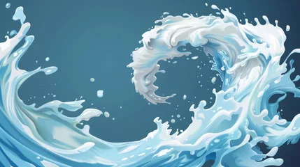 Fototapeten Mock-up of spiral waves of twisted flow of milk with splashes and drops on blue background. Modern realistic mock-up of spiral waves of milk splashing and dropping. © Mark