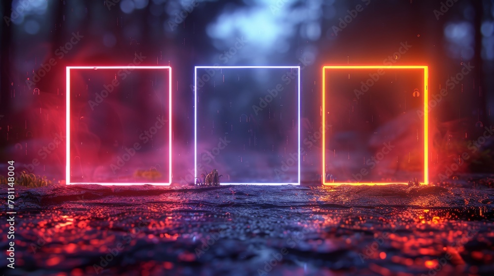 Poster neon squares with shining effects on dark background. blank glowing techno backdrop. modern illustra