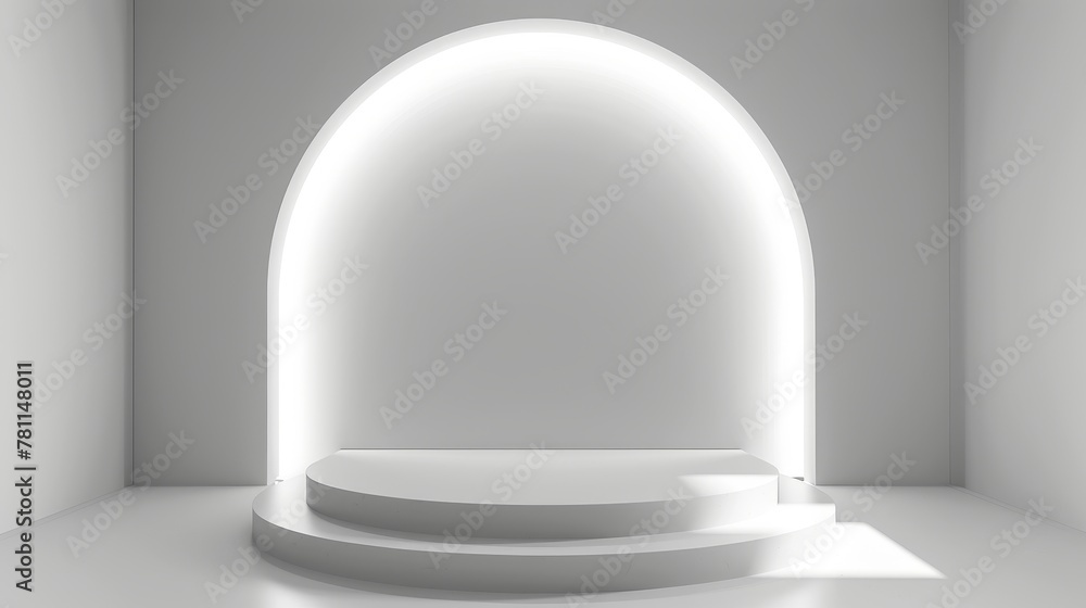 Aufkleber glowing silver cylinder pedestal podium in sci-fi style. white empty room concept with semi-circle g