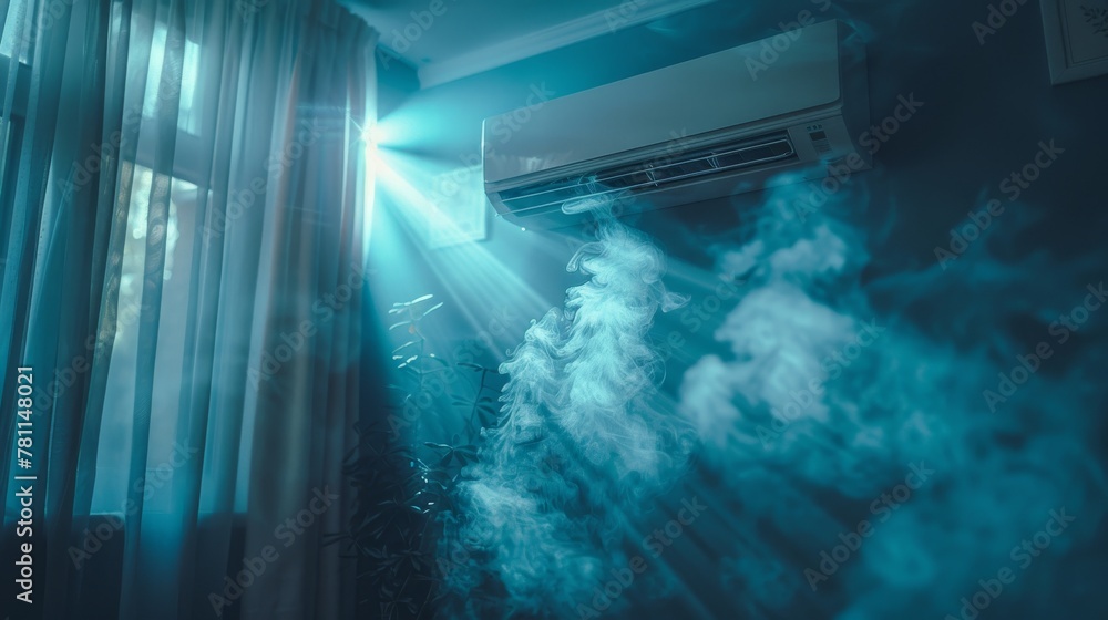 Poster blue rays isolated light effect emulating cold air flow from a conditioner. humidification and purif