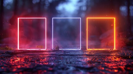 Neon squares with shining effects on dark background. Blank glowing techno backdrop. Modern illustration.
