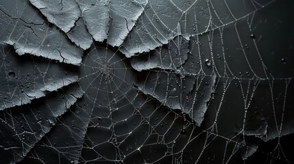 Detailed spider web with cobwebs. Realistic arachnid net borders. Spooky Halloween background. Modern tangled lines. - obrazy, fototapety, plakaty