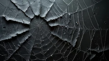 Fotobehang Detailed spider web with cobwebs. Realistic arachnid net borders. Spooky Halloween background. Modern tangled lines. © Zaleman