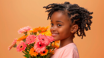 cute little african girl with a bouquet of gerberas on a bright background