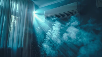 Blue rays isolated light effect emulating cold air flow from a conditioner. Humidification and purification of air from pollutants.