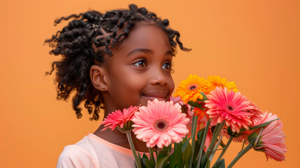cute black girl with a bouquet of gerberas on a bright background