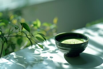 Explore the health benefits of matcha green tea through a visually striking representation that highlights its antioxidant properties , clean sharp focus - obrazy, fototapety, plakaty