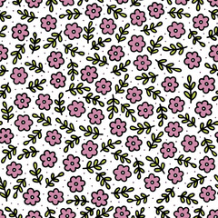 messy delicate pink purple botanical tiny flowers and leaves spring season holiday vector seamless pattern set on white background - 781148223