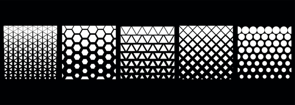 Set of halftone seamless pattern vector illustration. Hexagon, triangle, rhombus, circle pattern on isolated background. Geometric figure decrease sign concept.
