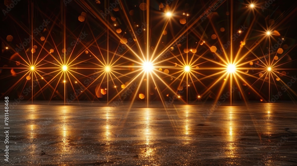Poster set of gold lenses flares isolated on transparent background. sun flash with rays or gold spotlight 