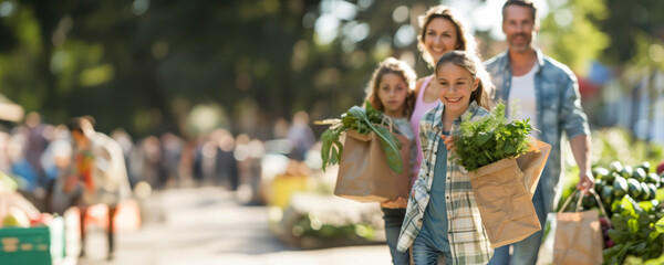 Sustainability concept - Happy family shopping at local farmers market