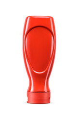 Red plastic upside down squeeze bottle with ketchup isolated. Transparent PNG image.