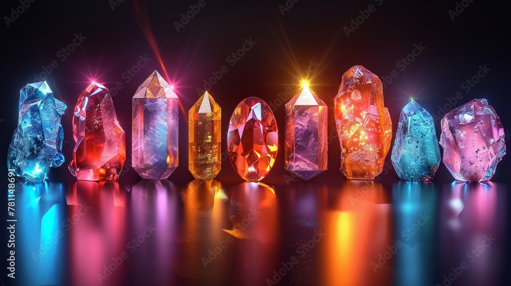 Sticker Crystal, jewelry, prism or lens flare modern. Iridescent glowing sparkles modern set. Colorful spectrum glow collection, bright beams.