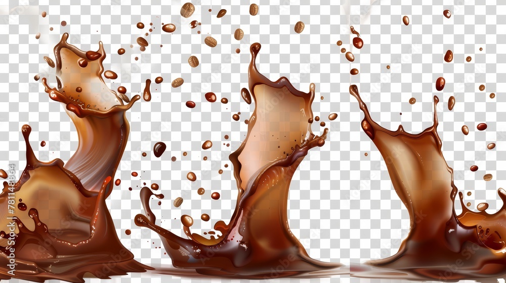Poster modern realistic set of falling and flowing brown drink waves with drops and bubbles isolated on tra