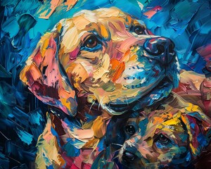 Palette knife abstract of a mother dog and her puppy, using oil paint, rich and vibrant Mothers Day theme colors, on a dynamic background with intense lighting and vivid highlights