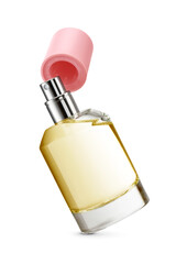 Levitated glass perfume bottle with yellow liquid and pink cap isolated. Transparent PNG image.