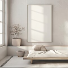 A minimalist Zen bedroom with a futon bed and simple decor, featuring a white frame mockup for minimalistic art. 