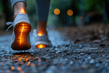 Jogging in sneakers with glowing soles, safety in the dark, joint inflammation, foot pain, feet ache outdoors, podiatry concept