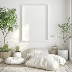 A tranquil meditation corner, floor cushions, and calming plants, with a white frame mockup on the wall, ready for a serene landscape. 