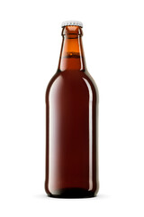 Unopened brown beer bottle isolated, showcasing beverage packaging. Transparent PNG image.