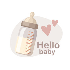 Baby bottle with nipple on white. Hello baby
